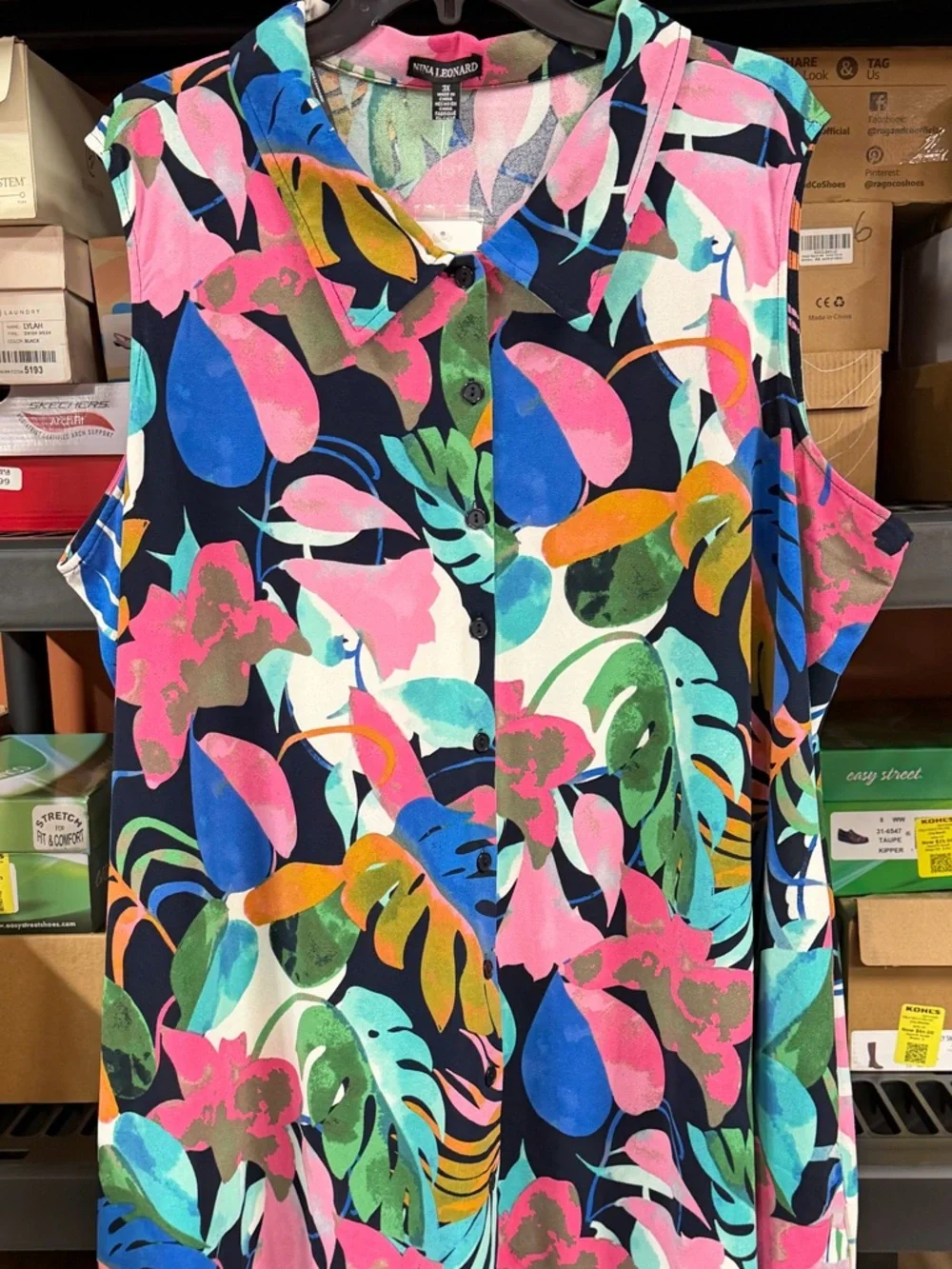 Nina Leonard Sleeveless Trapeze Dress Navy Pink Multi Size 3X - Picture 3 of 6